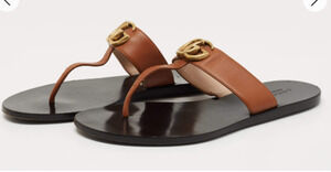 Gucci Leather GG Marmont Thong Flat Sandals Brown Black Women's Size EU 37